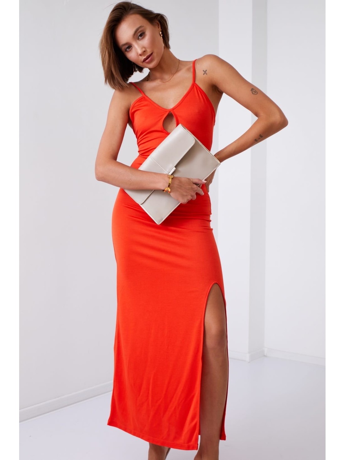 Smooth maxi dress on straps with a slit, brick red 110570 - Online store - Boutique